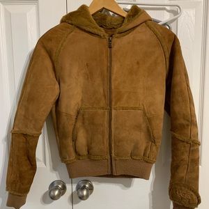 UGG Suede Shearling Fur Bomber Zipper Hood Jacket